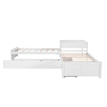 L-shaped Platform Bed with Trundle and Drawers Linked with built-in Desk,Twin,White