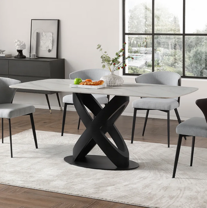 Modern Dining Table, Sintered Stone Tabletop Dining Room Table for Up To 8, Solid Black Carbon Steel Base, 71"