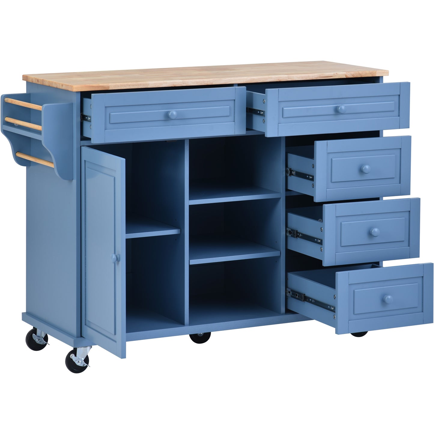 K&K kitchen cart with Rubber wood desktop rolling mobile kitchen island with storage and 5 draws 53 Inch width （Blue）