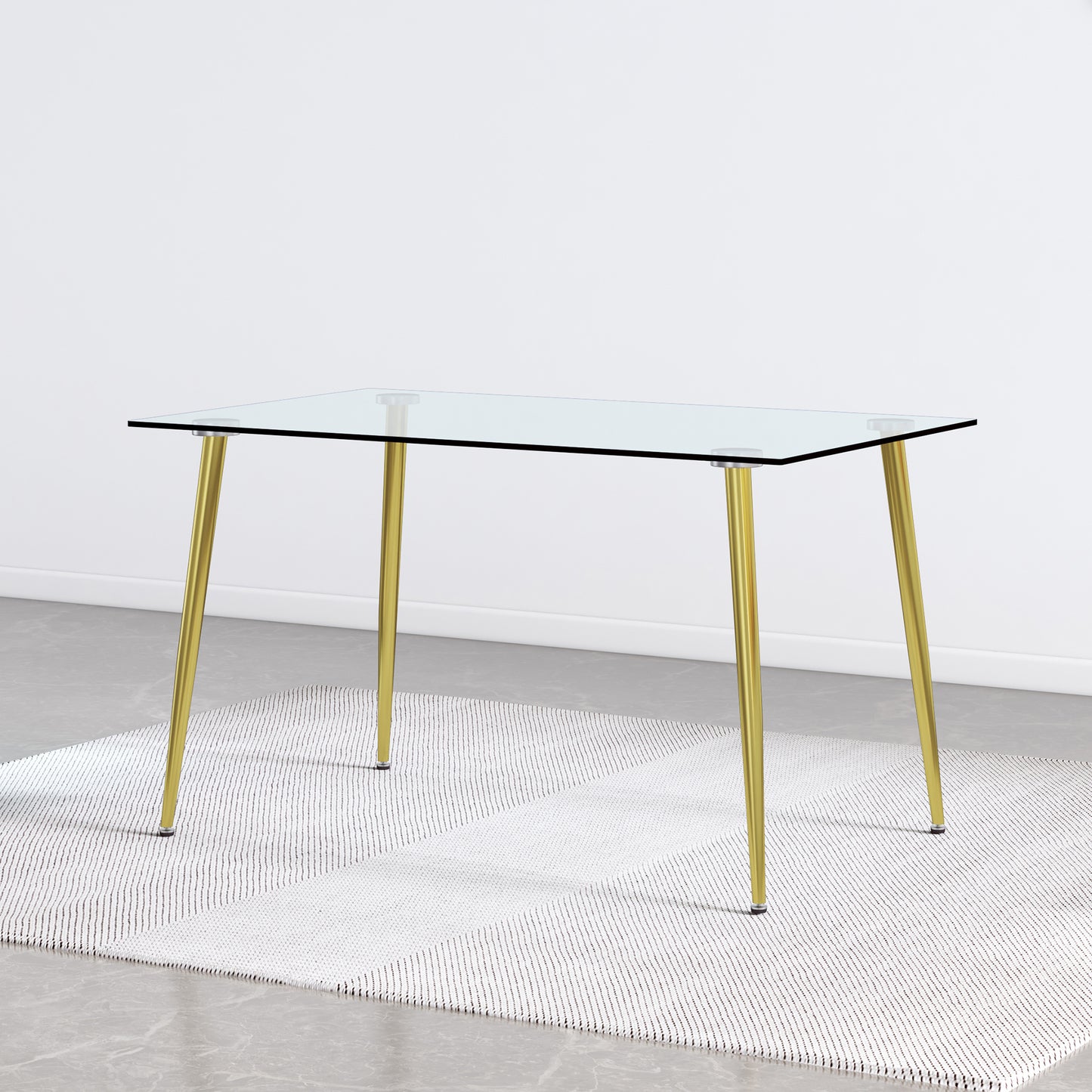 Modern Minimalist Rectangular Glass  Dining Table for 4-6 with 0.31" Tempered Glass Tabletop and Golden plating Metal Legs, Writing Table Desk, for Kitchen Dining Living Room, 51" W x 31"D x 30" H