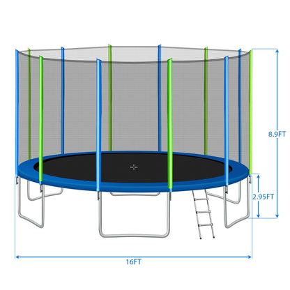 16FT Trampoline for Kids with Safety Enclosure Net, Ladder and 12 Wind Stakes, Round Outdoor Recreational Trampoline