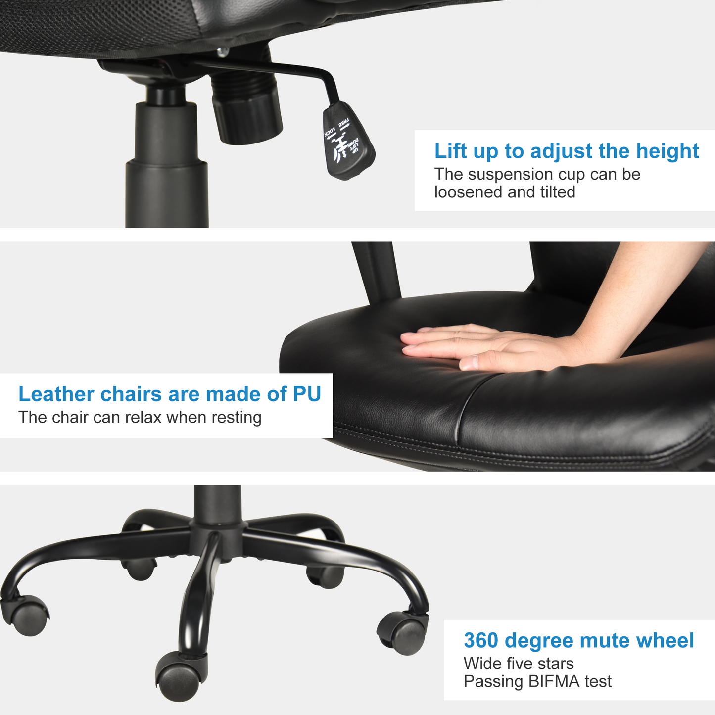 Office Desk Chair with High Quality PU Leather, Adjustable Height/Tilt, 360-Degree Swivel, 300LBS , Black