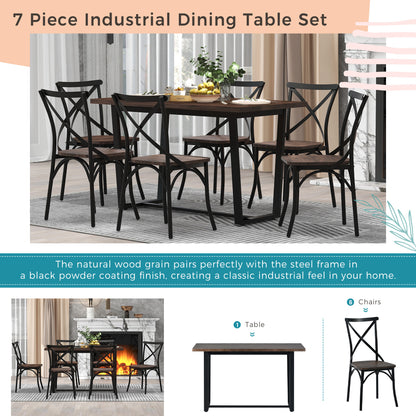 TREXM 7 Piece Industrial Dining Table Set Rectangular Table with 6 Dining Chairs Kitchen Table Set with Metal Frame (Rustic Brown)