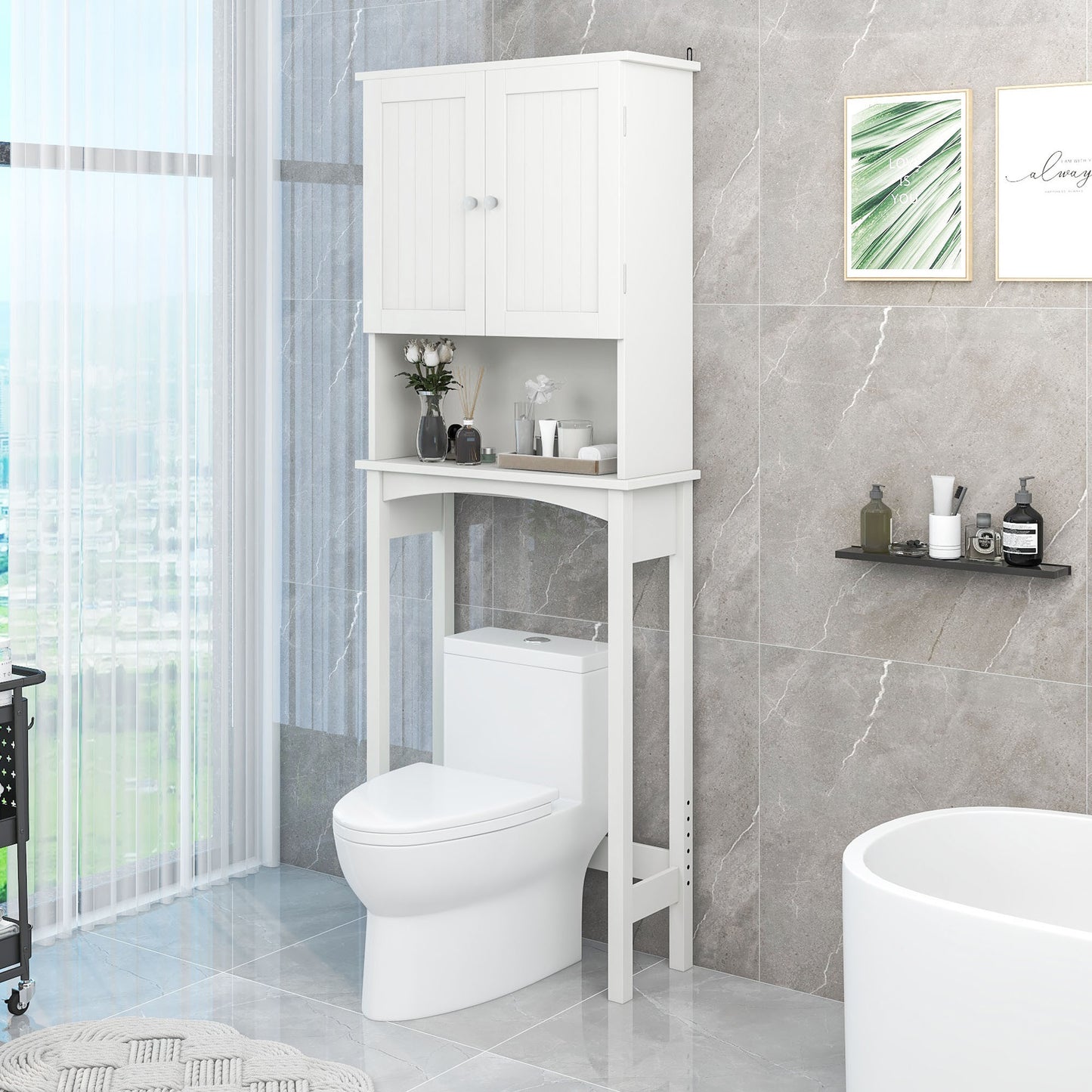 Over-The-Toilet Bathroom Cabinet with Shelf and Two Doors Space-Saving Storage, Easy to Assemble, White