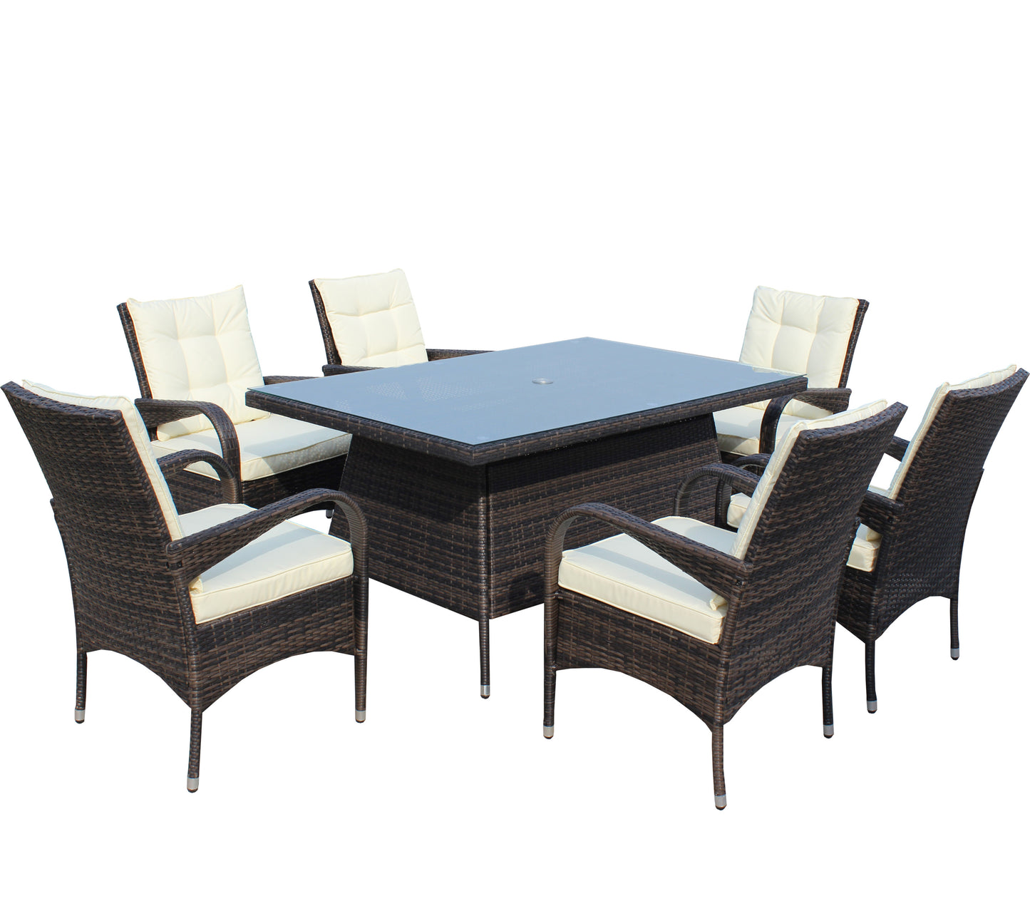 Patio 7-Piece Rectangular Dining Set with 6 Dining Chairs (Brown &Beige Cushion )