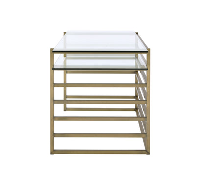 Slatted Design Metal Desk with Glass Shelf and Glass Top, Gold and Clear