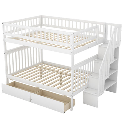 Full over Full Bunk Bed with Two Drawers and Storage, White