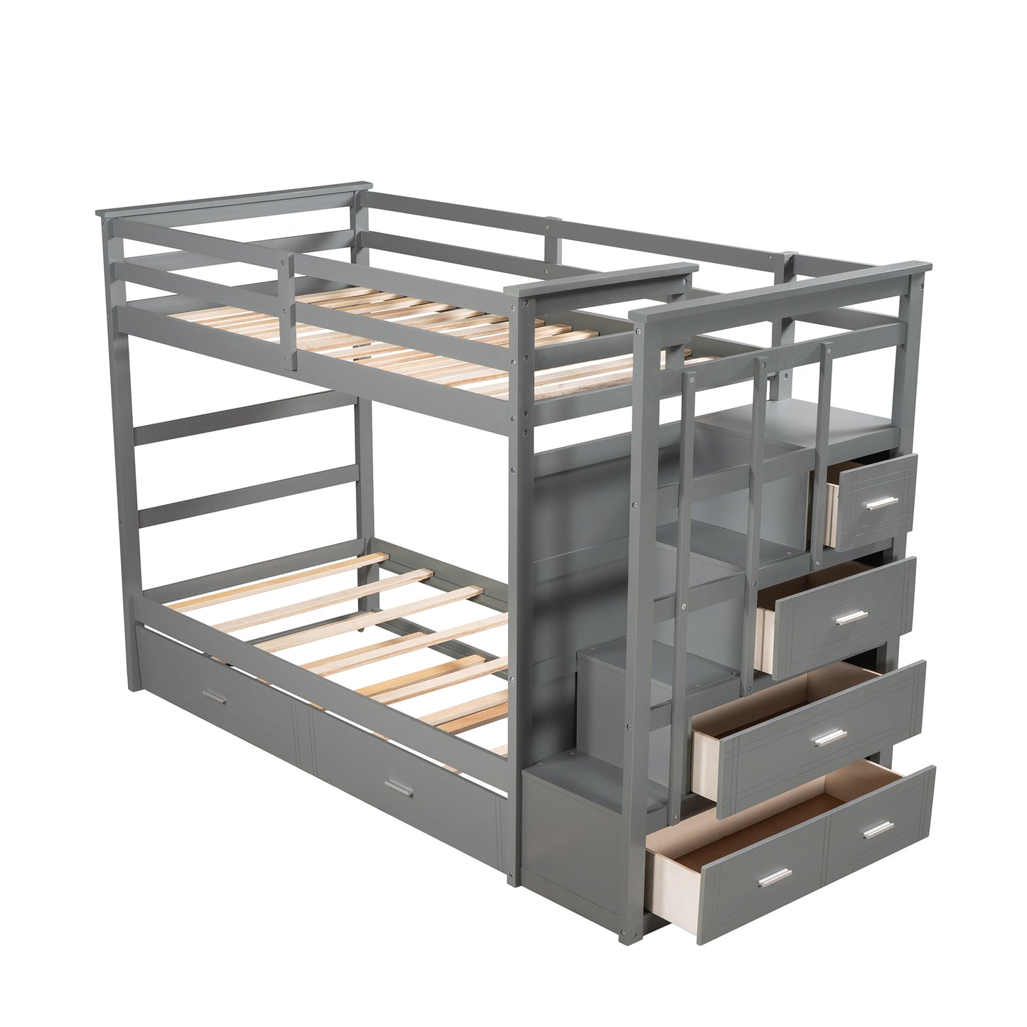 Solid Wood Bunk Bed, Hardwood Twin Over Twin Bunk Bed with Trundle and Staircase, Natural Gray Finish(Old SKU: LP000068AAE)