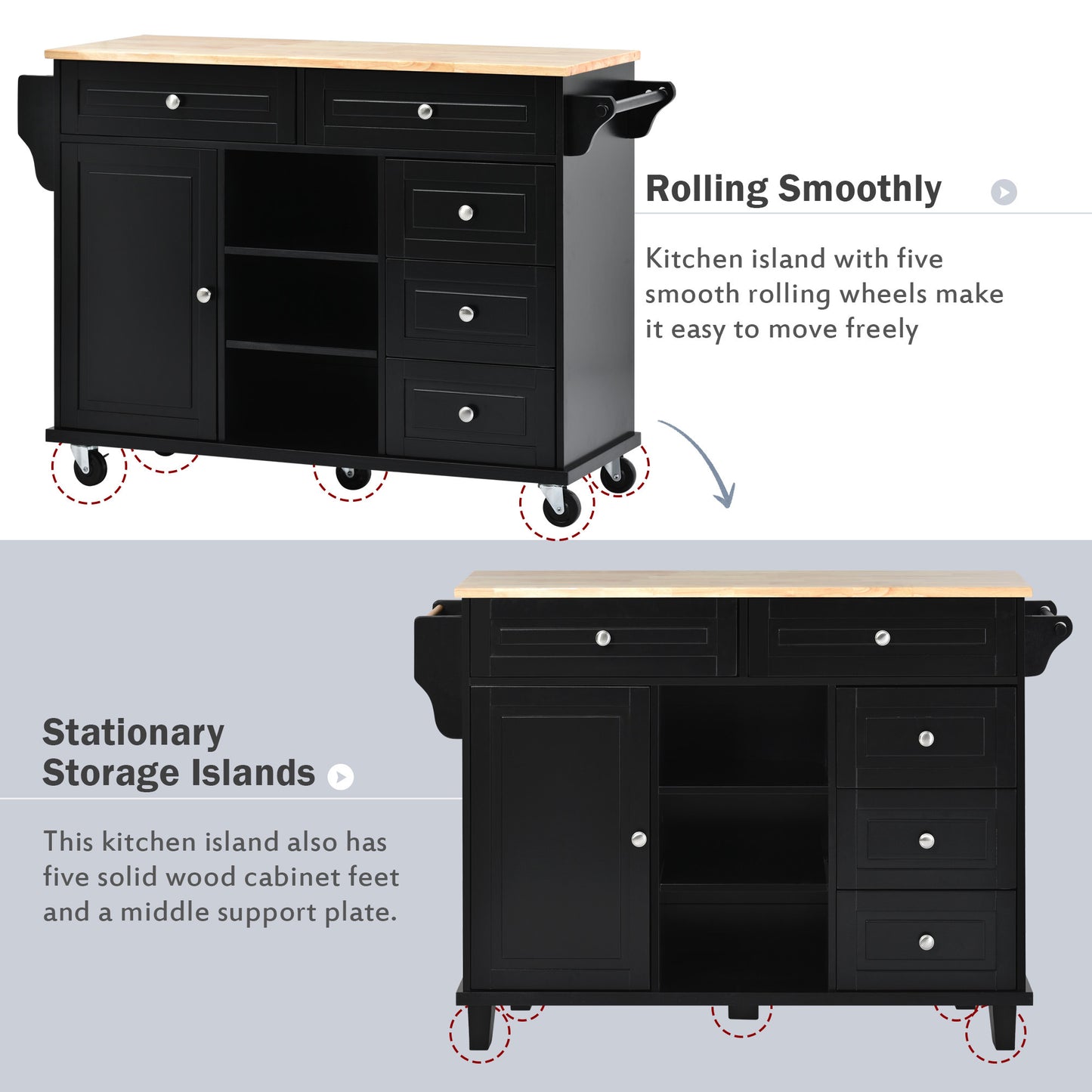 K&K kitchen cart with Rubber wood desktop rolling mobile kitchen island with storage and 5 draws 53 Inch width （Black）