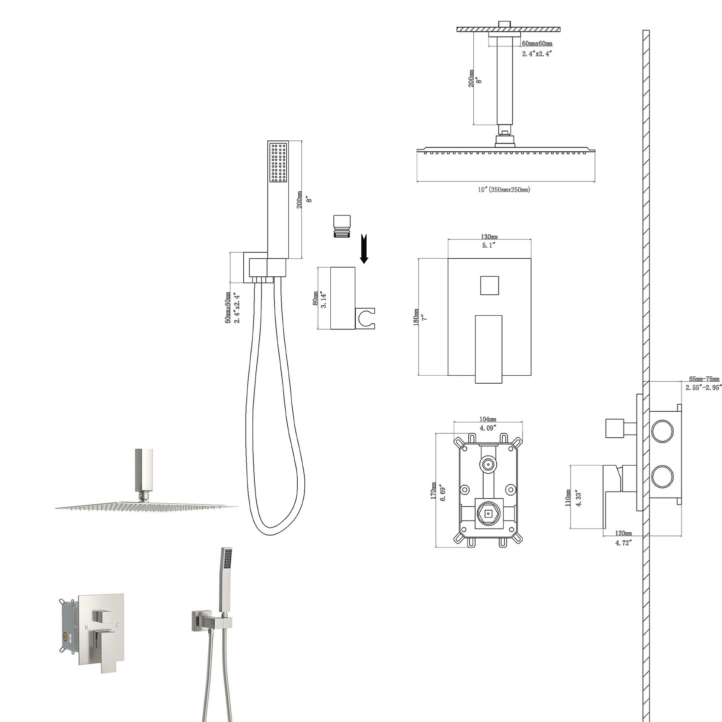 Ceiling shower set - 10 inch square shower set, Dual shower heads, Brushed Nickel