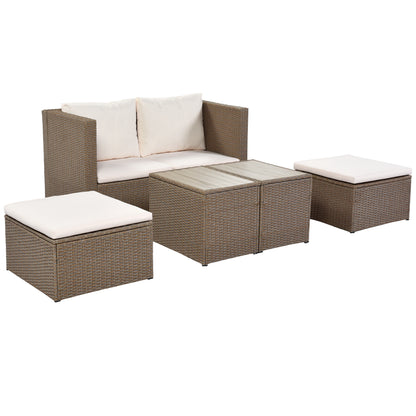 TOPMAX Outdoor 6-Piece Garden Furniture Set, PE Wicker Rattan Sectional Sofa Set with 2 Tea Tables, Brown Wicker+Beige Cushion