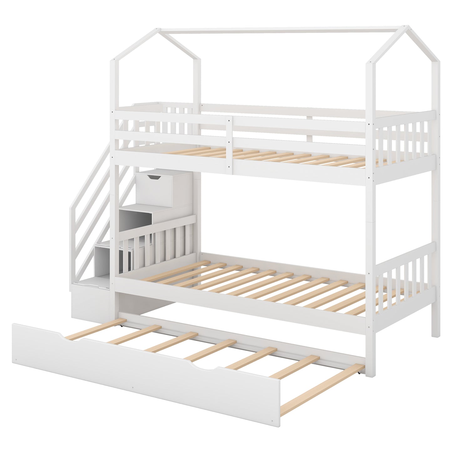 Multifunctional Twin over Twin House Bunk Bed with Staircase and Storage Space,White