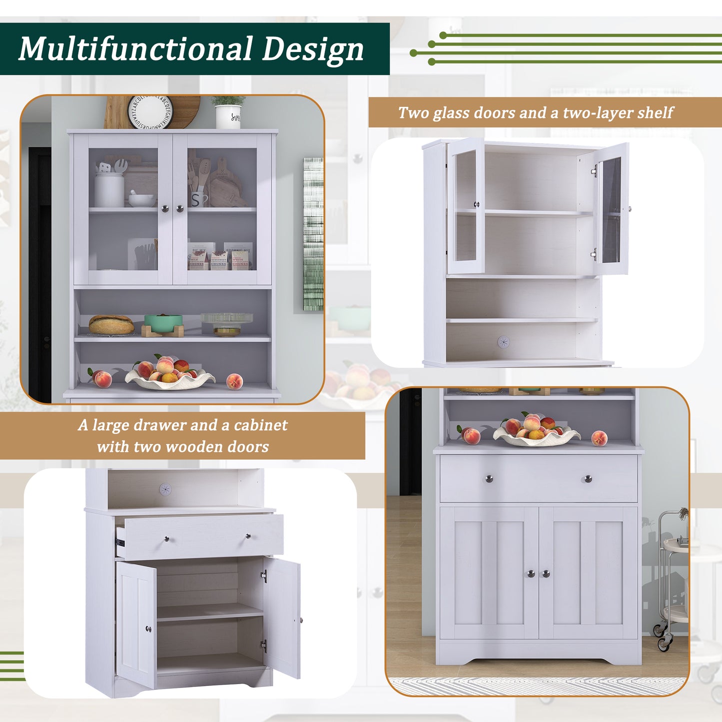 TREXM 70.9" Multifunctional Pantry Cabinet MDF Storage Cabinet with Glass Doors, A Large Drawer and Adjustable Shelves (Antique White)