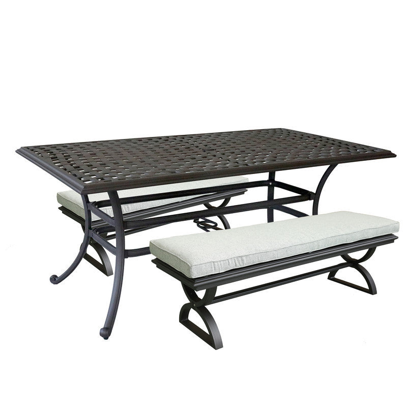 3 Piece Patio Aluminum Dining Set, Rectangle Table with 2 Cushioned Benches, Gray