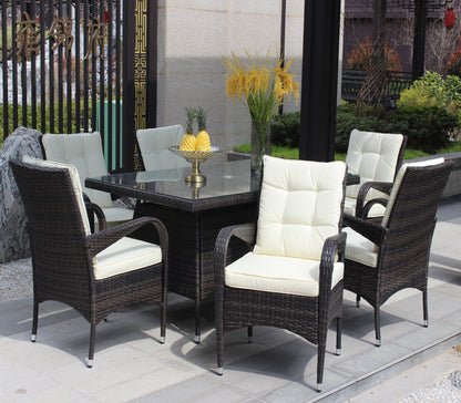 Patio 7-Piece Rectangular Dining Set with 6 Dining Chairs (Brown &Beige Cushion )