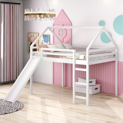 Full Size Loft Bed with Slide, House Bed with Slide,White(OLD SKU :WF281159AAK)