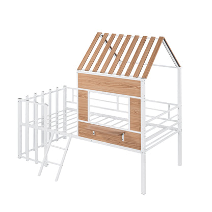 Metal Twin size Loft Bed with Roof, Window, Guardrail, Ladder White