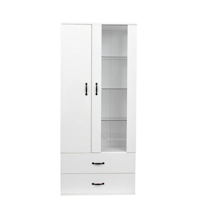 Side cabinet with shelving, drawers, and white side cabinet for clothing