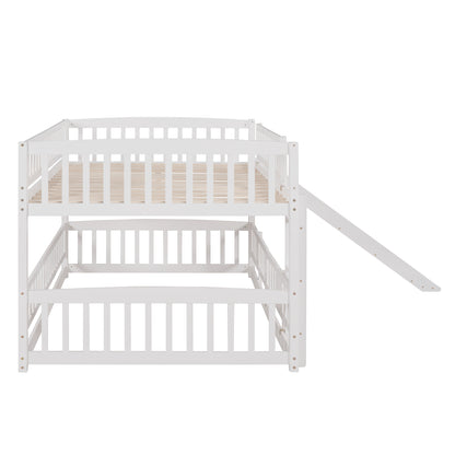 Bunk Bed with Slide,Full Over Full Low Bunk Bed with Fence and Ladder for Toddler Kids Teens White