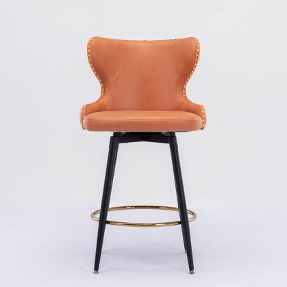 A&A Furniture,Counter Height 25" Modern Leathaire Fabric bar chairs,180° Swivel Bar Stool Chair for Kitchen,Tufted Gold Nailhead Trim Bar Stools with Metal Legs,Set of 2 (Orange)