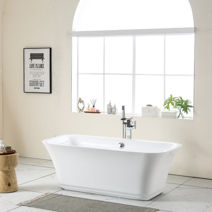 59"L x 31.5"W Acrylic Art Freestanding Alone White Soaking Bathtub with Brushed Nickel Overflow and Pop-up Drain