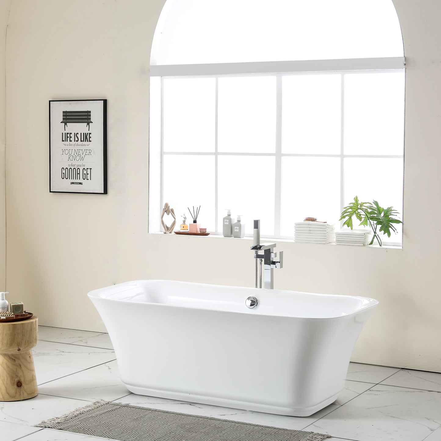 67"L x 31.5"W Acrylic Art Freestanding Alone White Soaking Bathtub with Brushed Nickel Overflow and Pop-up Drain