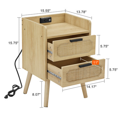 JHX Rattan nightstand with socket side table natural handmade rattan（Natural 15.55’’W*13.78’’D*23.82’’H）