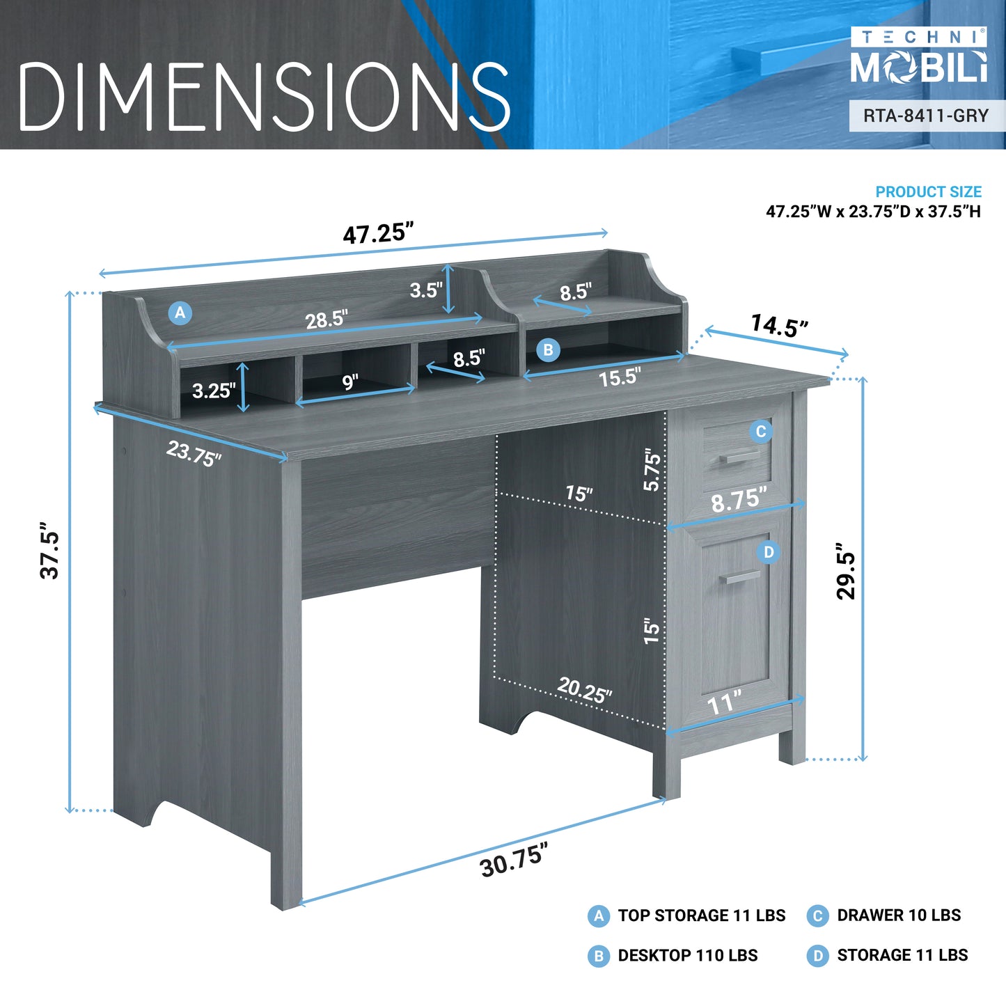 Techni Mobili Classic Office Desk with Storage, Grey