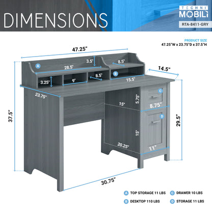 Techni Mobili Classic Office Desk with Storage, Grey