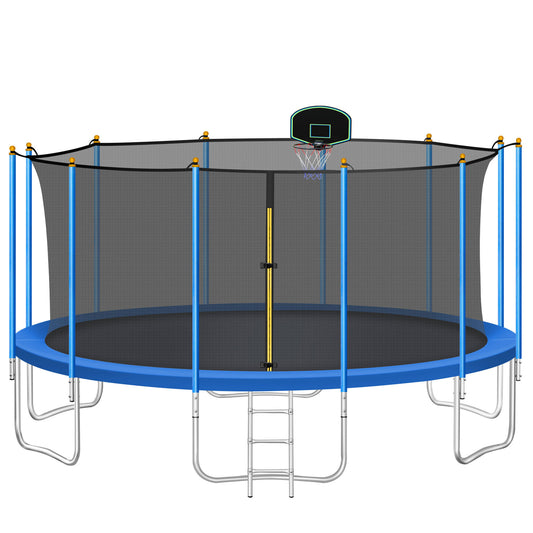 16FT Trampoline for Kids with Safety Enclosure Net, Ladder and 12 Safety Poles, Spring Cover Padding, Basketball Hoop