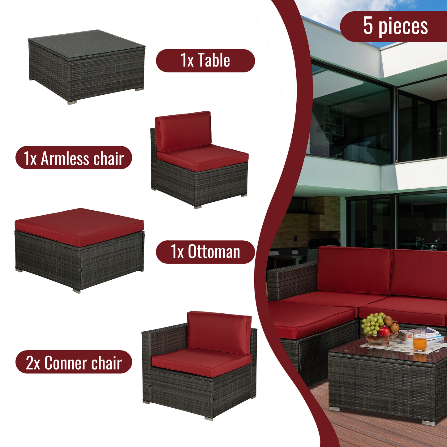 Outdoor Garden Patio Furniture 5-Piece Gray PE Rattan Wicker Sectional Red Cushioned Sofa Sets