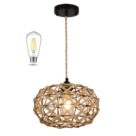 Hemp Rope Cage Pendant Light with LED Bulb