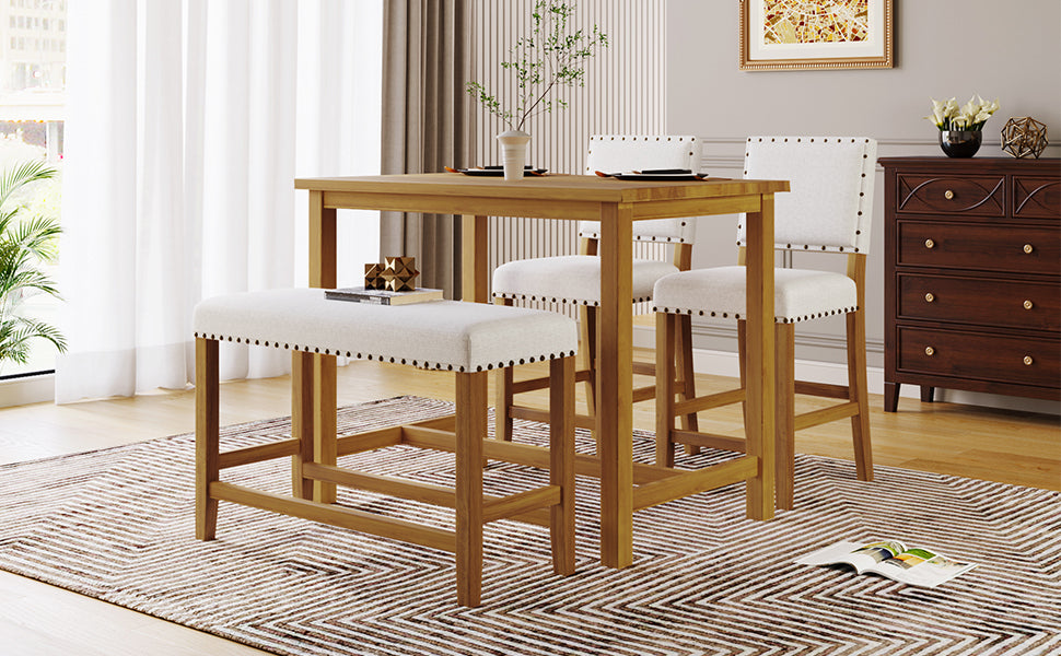 TOPMAX 4 Piece Rustic Wooden Counter Height Dining Table Set with Upholstered Bench for Small Places, Natural+Beige