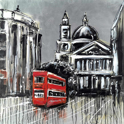 London street with red bus - 16x16 Print on canvas