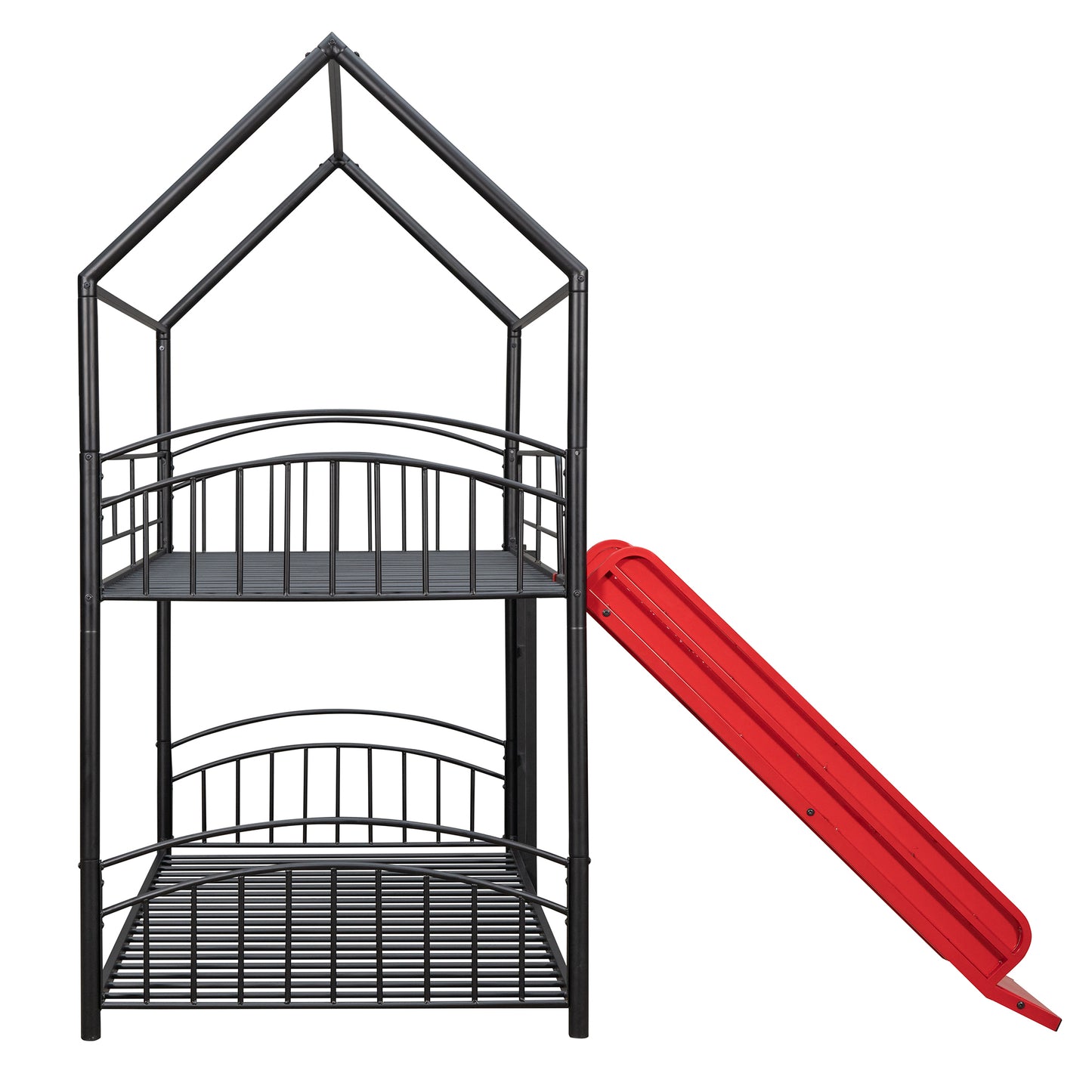 Twin Over Twin Metal Bunk Bed With Slide,Kids House Bed Black+Red