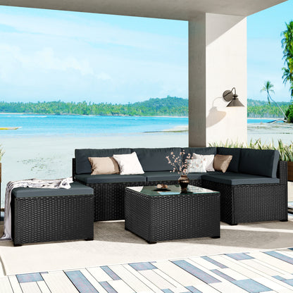 GO 6-Piece Outdoor Furniture Set with PE Rattan Wicker, Patio Garden Sectional Sofa Chair, removable cushions (Black wicker, Grey cushion)