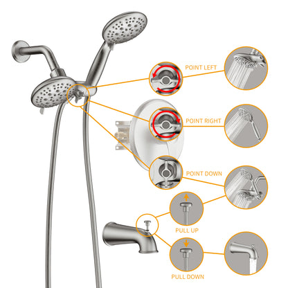 Large Amount of water Multi Function Dual Shower Head - Shower System with 4." Rain Showerhead, 6-Function Hand Shower, Under the water, Brushed Nickel