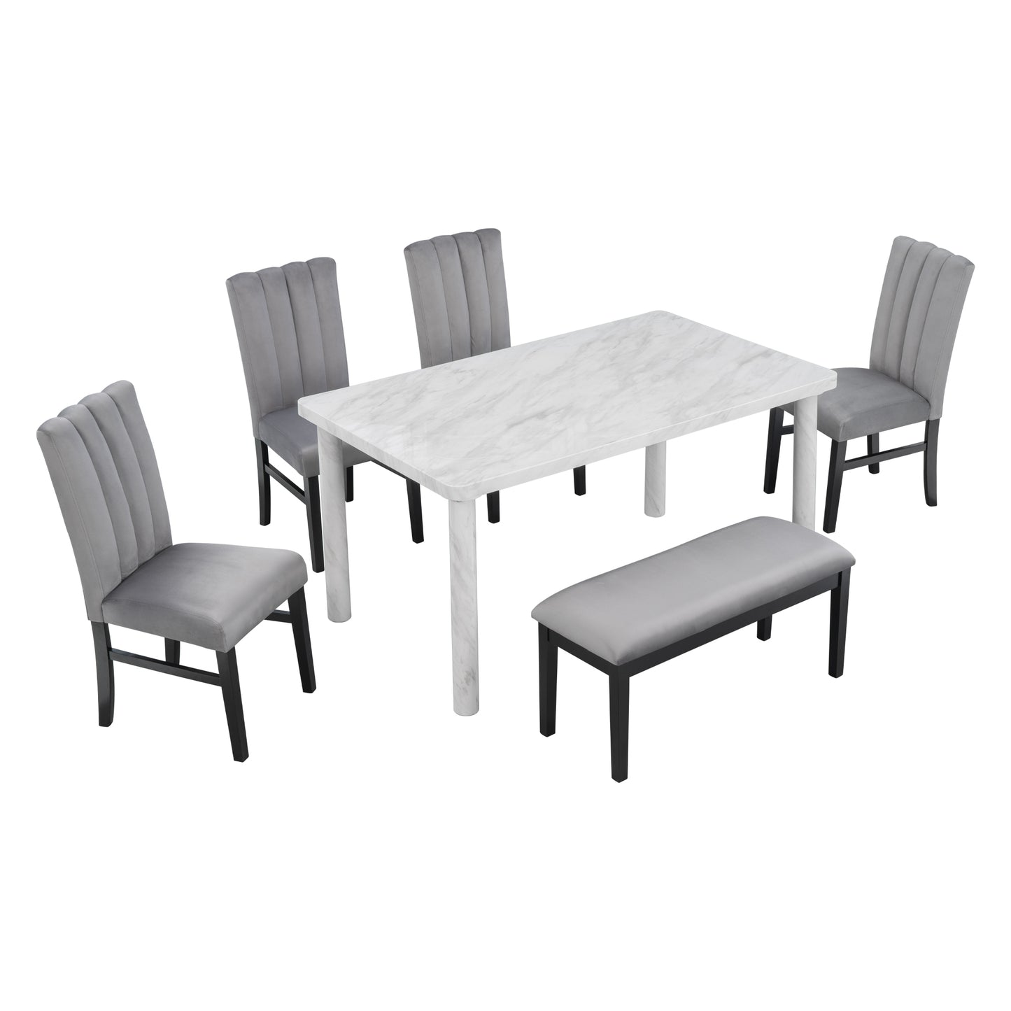 TREXM 6-Piece Dining Table Set with Marble Veneer Table and 4 Flannelette Upholstered Dining Chairs & Bench (White+Gray)