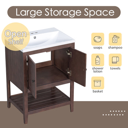 [VIDEO] 24" Brown Modern Sleek Bathroom Vanity Elegant Ceramic Sink with Solid Wood Frame Open Style Shelf