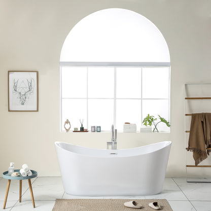 67"L x 31.5"W Acrylic Art Freestanding Alone White Soaking Bathtub with Brushed Nickel Overflow and Pop-up Drain