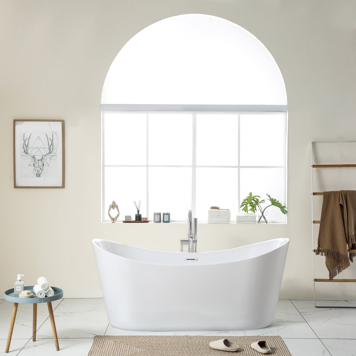 59"L x 29.5\'\'W Acrylic Art Freestanding Alone White Soaking Bathtub with Brushed Nickel Overflow and Pop-up Drain