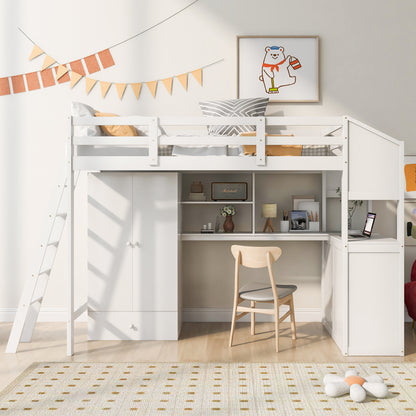 Twin Size Loft Bed with Wardrobe and Drawers, attached Desk with Shelves, White