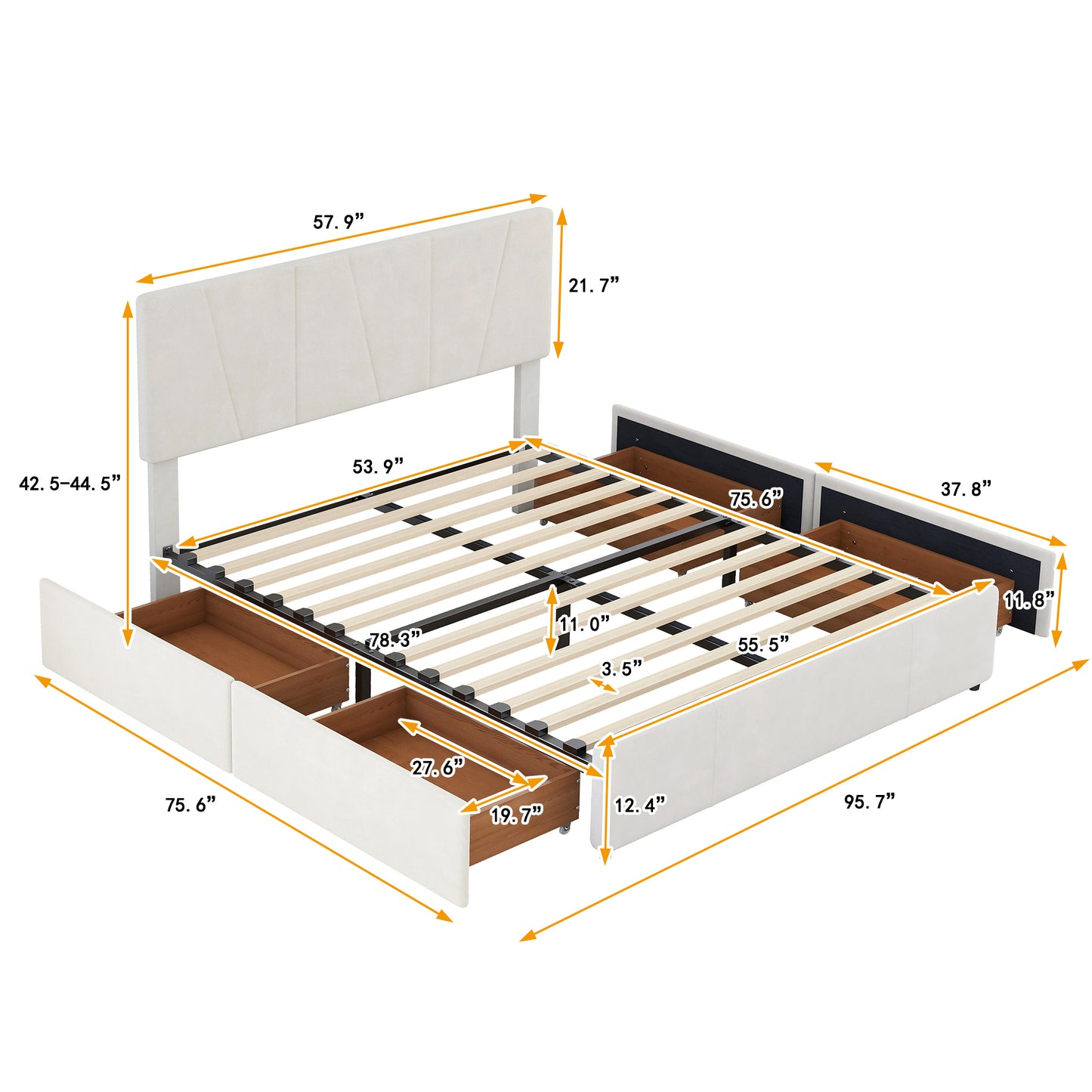 Full Size Upholstery Platform Bed with Four Drawers on Two Sides,Adjustable Headboard,Beige