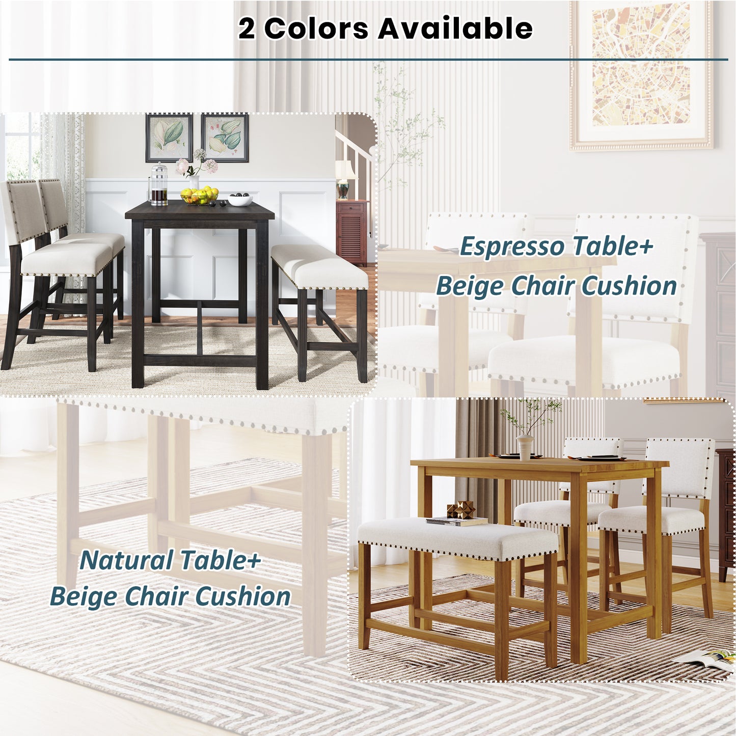 TOPMAX 4 Piece Rustic Wooden Counter Height Dining Table Set with Upholstered Bench for Small Places, Natural+Beige