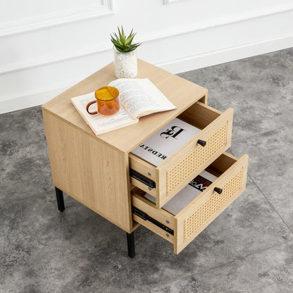 Modern simple storage cabinet MDF Board bedside cabinet Japanese rattan bedside cabinet Small household furniture bedside table.Applicable to dressing table in bedroom, porch, living room.2 Drawers