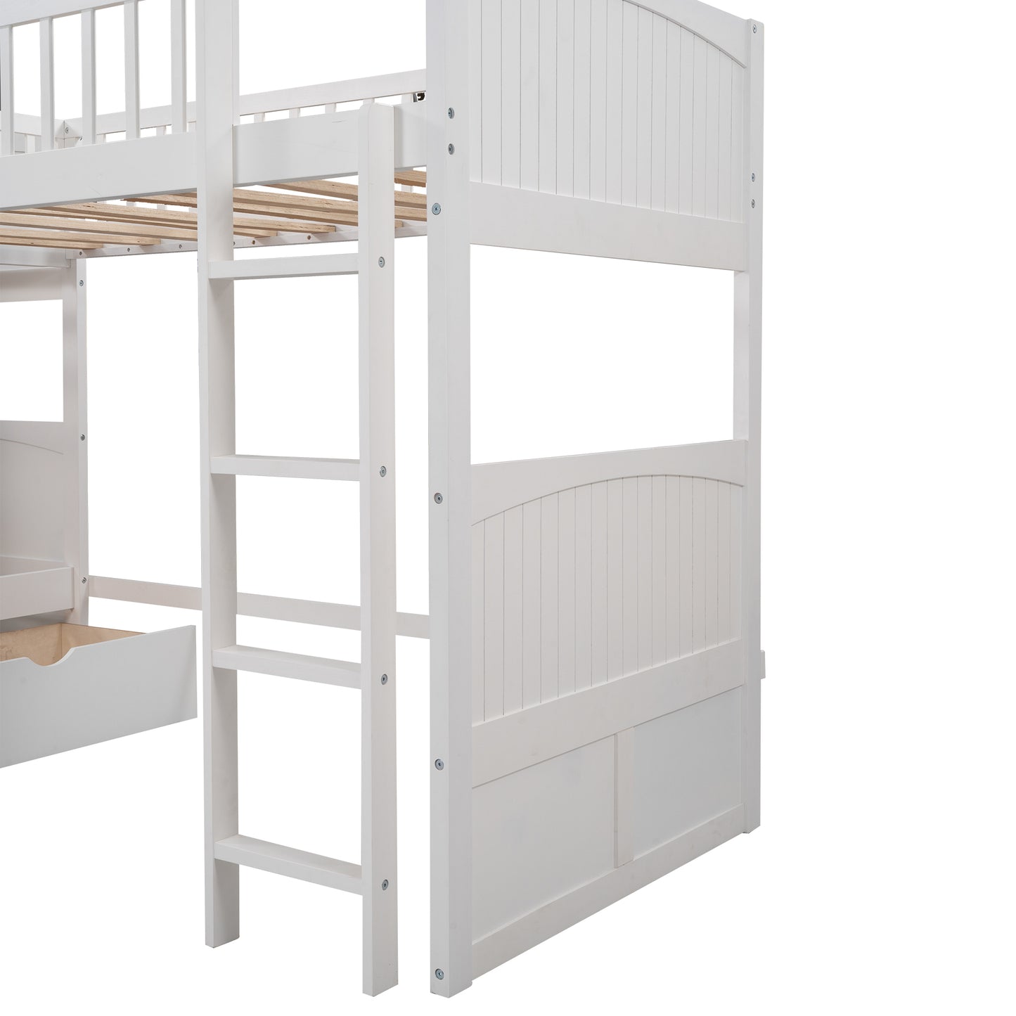 Twin Size Bunk Bed with a Loft Bed attached, with Two Drawers,White