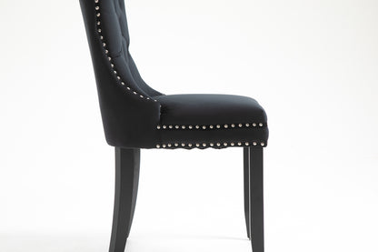 Upholstered Button Tufted Back Black Velvet Dining Chair with Nailhead Trim and Solid Wood Legs 2 Sets