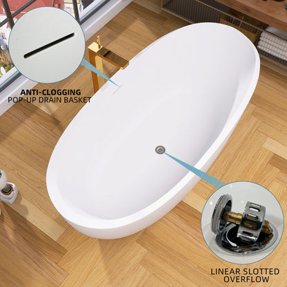 59" Acrylic Free Standing Tub - Classic Oval Shape Soaking Tub, Adjustable Freestanding Bathtub with Integrated Slotted Overflow and Chrome Pop-up Drain Anti-clogging Gloss White