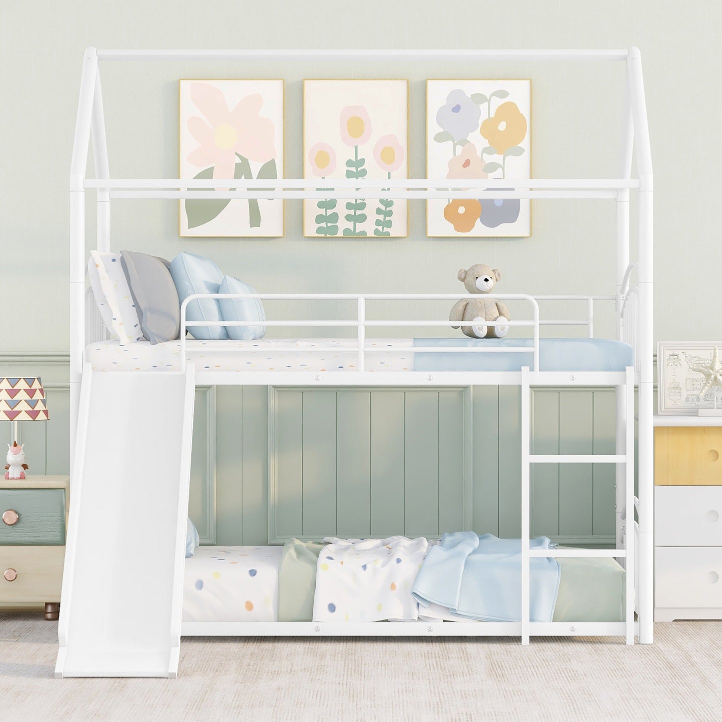 Twin Over Twin Metal Bunk Bed With Slide,Kids House Bed White