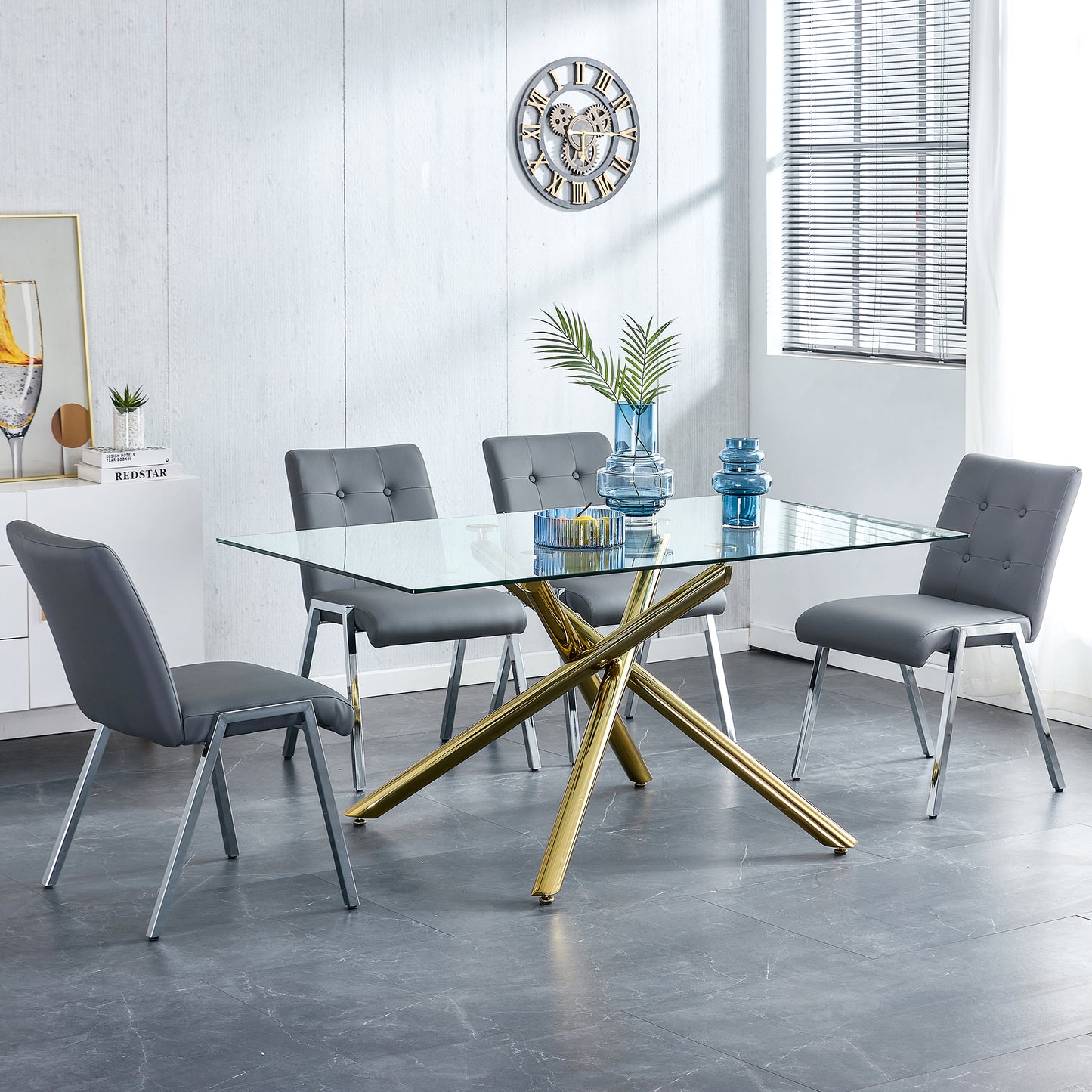 Grid shaped armless high back dining chair,2-piece set, office chair. Applicable to dining room, living room, kitchen and office.Dark Grey Chair and Electroplated metal leg